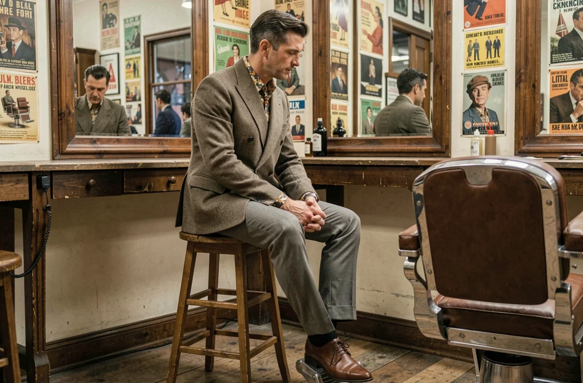 Homme élégant habillé à la mode des années 1967 dans un salon de coiffure rétro avec veste ajustée et pantalon à légère patte d'éléphant