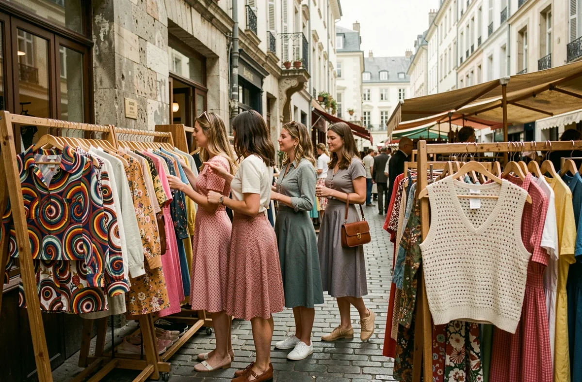 Groupe de jeunes femmes parcourant un marché de mode vintage avec des vêtements typiques des années 1967 dont des chemisiers psychédéliques et des jupes trapèze