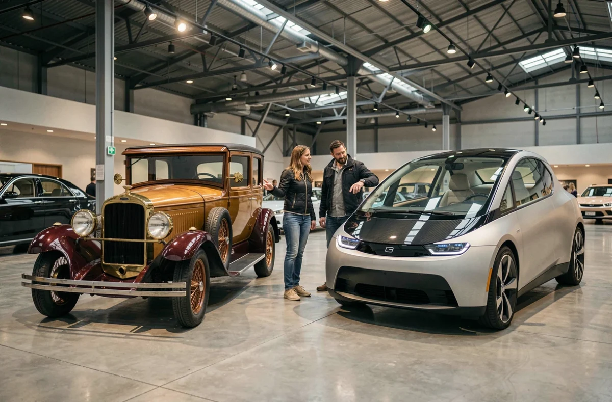 Visiteurs observant deux voitures dans un musée automobile, comparant un modèle des années 1920 à un concept car futuriste autonome