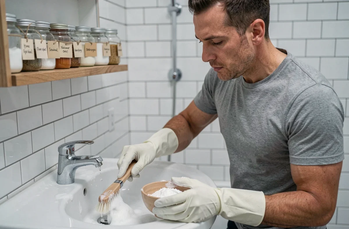 Homme nettoyant un lavabo de salle de bain avec du bicarbonate de soude, une alternative efficace et écologique au désinfectant Sanytol