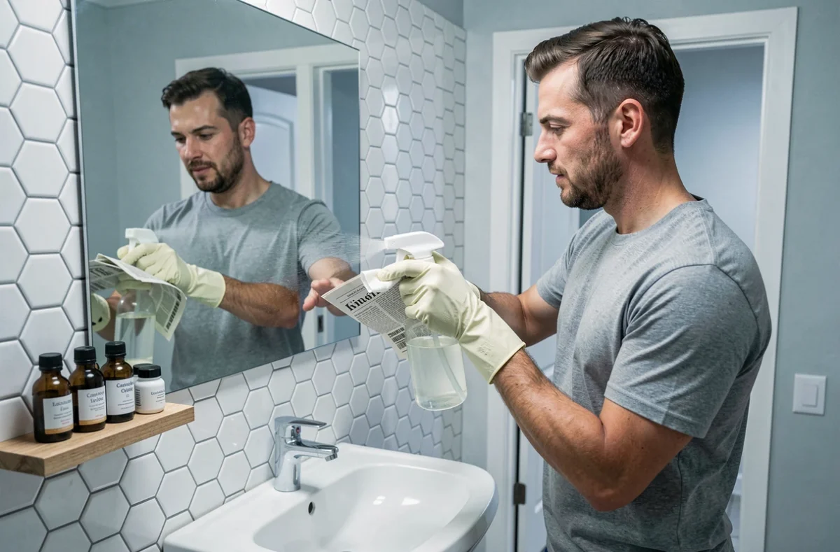Homme nettoyant un miroir de salle de bain avec du vinaigre blanc et du papier journal, entretien écologique