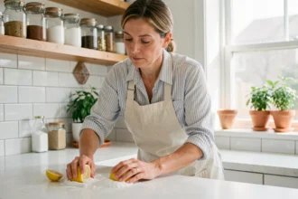 Femme nettoyant un plan de travail avec du bicarbonate de soude et du citron, cuisine naturelle sans produits chimiques