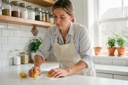 Femme nettoyant un plan de travail avec du bicarbonate de soude et du citron, cuisine naturelle sans produits chimiques