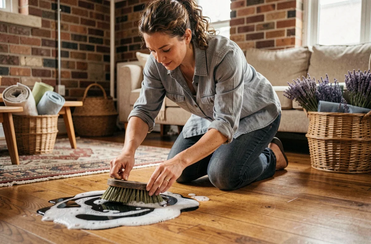 Femme récurant un parquet avec du savon noir et une brosse, nettoyage maison sans produits chimiques