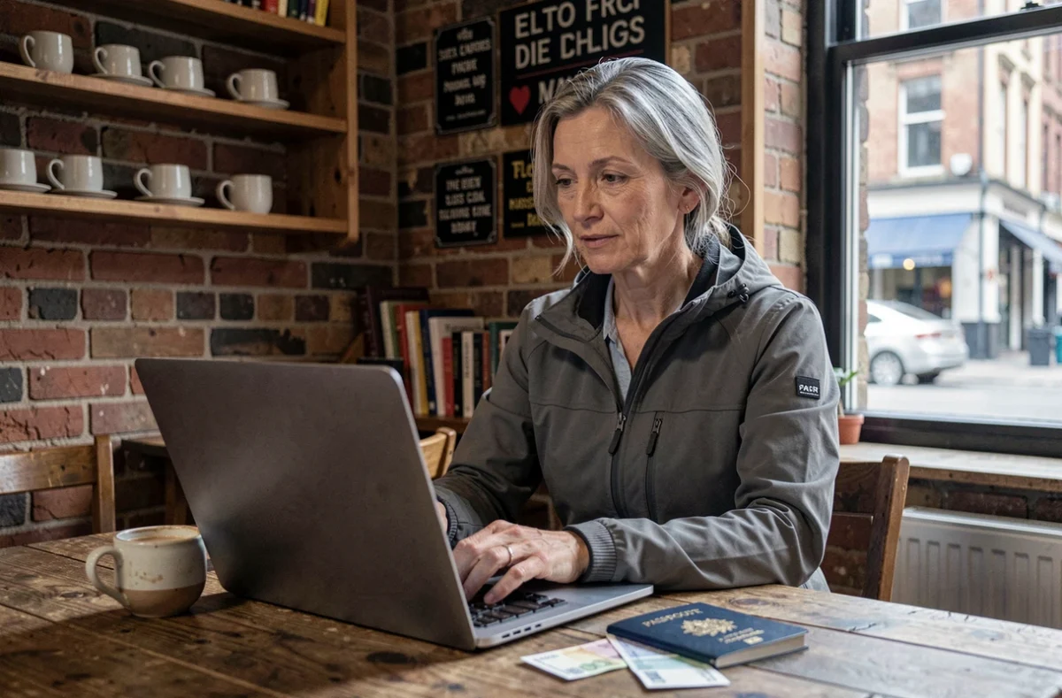 Femme nomade digitale travaillant dans un café étranger avec passeport et ordinateur, illustrant la vie de voyageur perpétuel