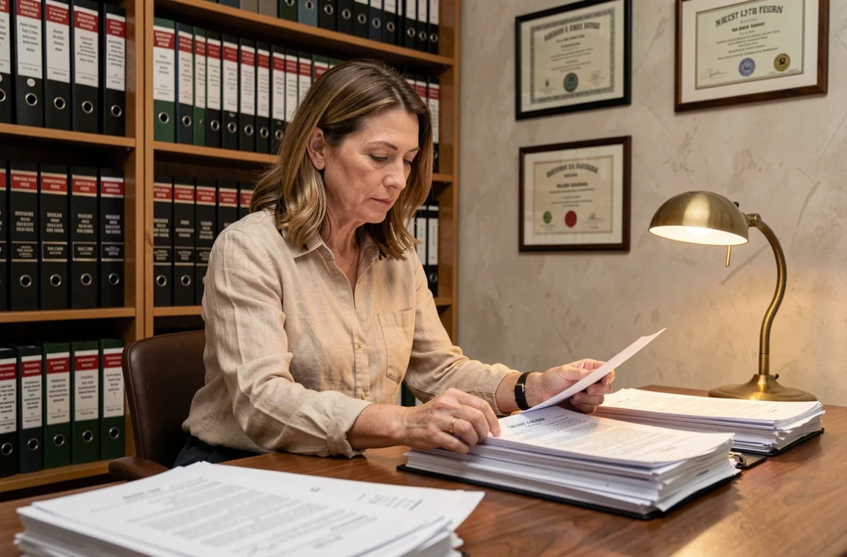 Notaire examinant des documents immobiliers avec exemption de DPE obligatoire
