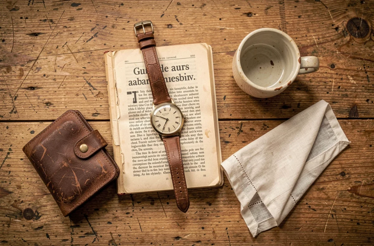 Composition d'objets usagés et de seconde main posés sur une table en chêne