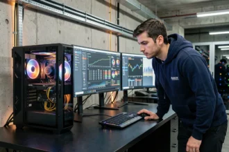 Ingénieur informatique devant un ordinateur de bureau haute performance avec plusieurs écrans affichant des benchmarks en 2026