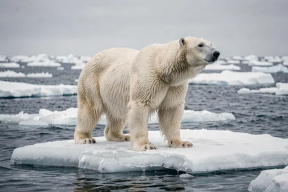 Ours polaire sur une banquise fragmentée dans l'Arctique, illustrant l'impact du changement climatique sur la faune arctique