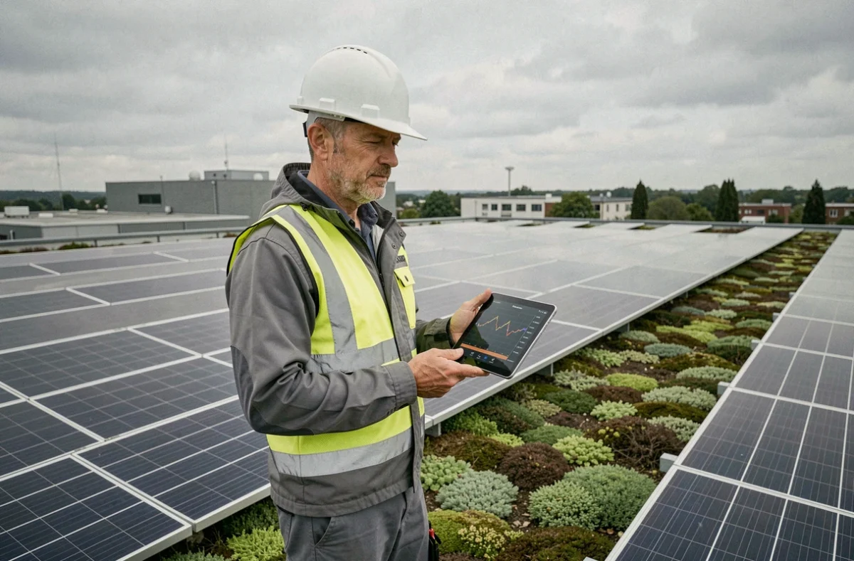 Un technicien d'entreprise inspecte des panneaux solaires sur un toit végétalisé dans le cadre d'une stratégie de réduction de l'empreinte carbone