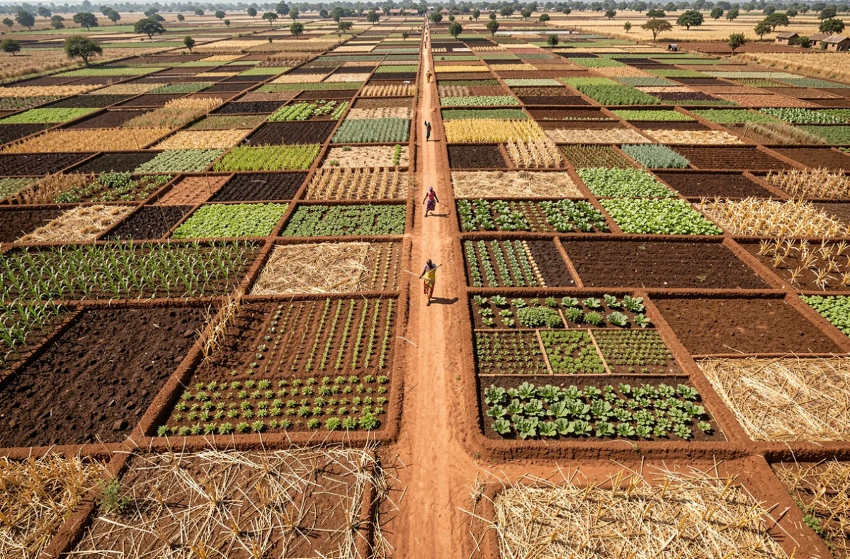 Vue aérienne de petites parcelles agricoles familiales en Afrique subsaharienne, illustrant la diversité de l'agriculture de subsistance