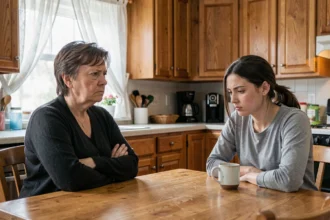 Femme adulte mal à l'aise face à sa mère autoritaire et critique lors d'une conversation tendue dans une cuisine familiale