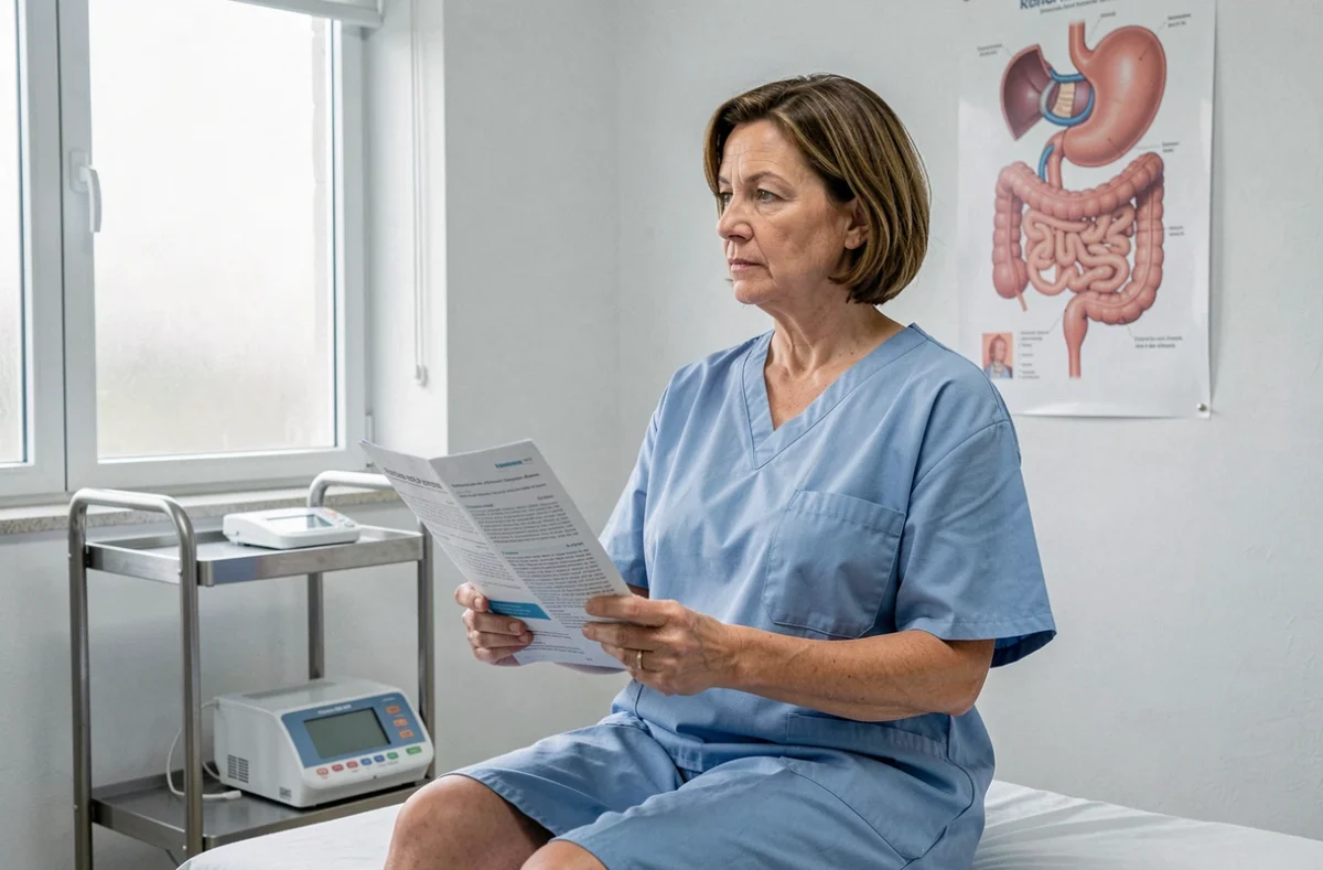 Patiente en consultation gastroentérologique lisant une brochure sur les symptômes du cancer du côlon