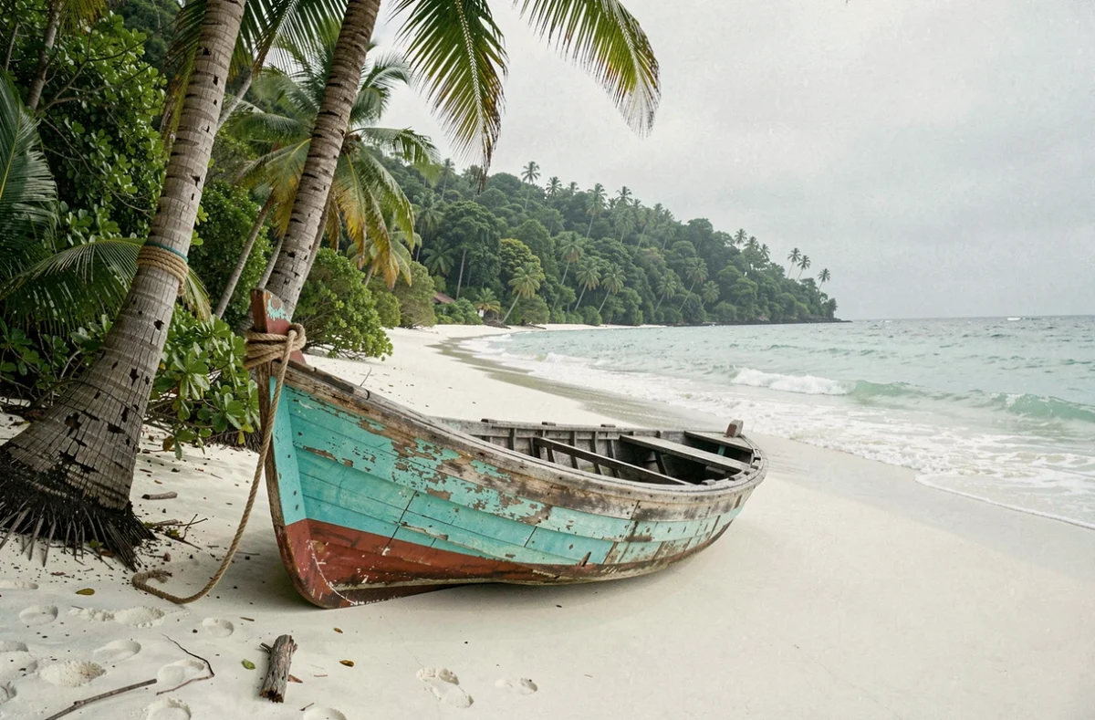 Plage vierge et déserte d'un pays peu touristique, avec une embarcation de pêche traditionnelle échouée sur le rivage