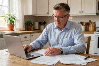 Un père de famille consulte des documents fiscaux à la table de cuisine pour savoir s'il peut déduire le loyer de sa fille étudiante