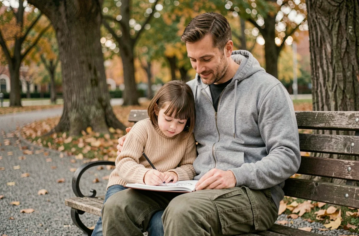 Père célibataire assis dans un parc avec sa fille dessinant sur ses genoux, représentant la famille monoparentale paternelle
