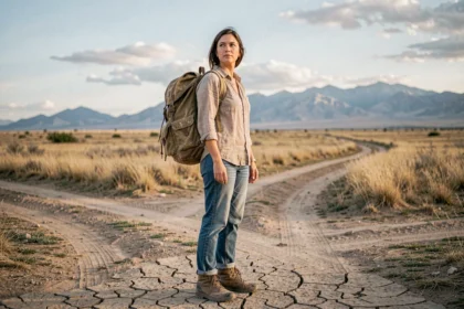 Femme nomade avec sac à dos debout à un carrefour en pleine nature, regardant l'horizon, illustrant le mode de vie itinérant