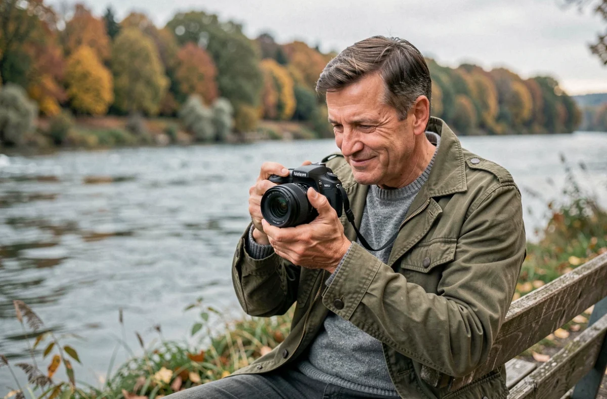 Photographe masculin consultant ses photos au bord de la Moselle dans un cadre naturel lorrain