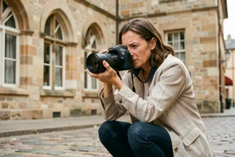 Photographe professionnelle en Moselle tenant un appareil photo devant un bâtiment en pierre lorrain