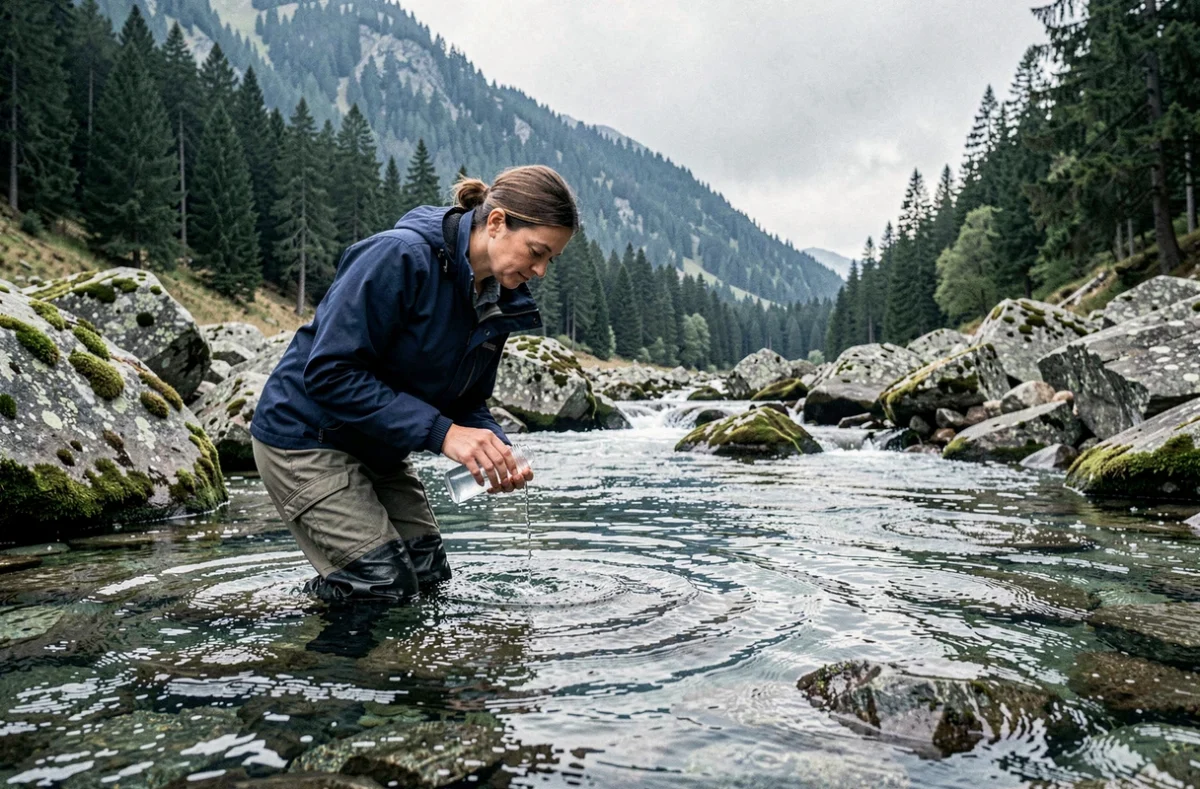 Hydrologue prélevant un échantillon d'eau dans un torrent alpin pour analyser la qualité des ressources en eau douce