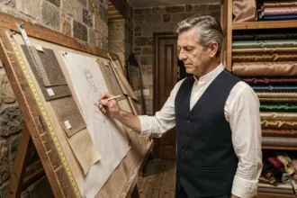 Créateur de mode du XIXe siècle dans un atelier parisien historique étudiant des croquis de couture