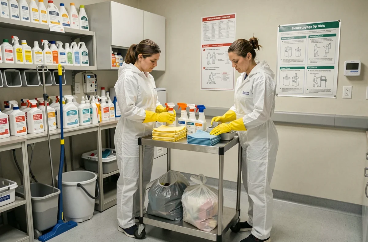 Deux professionnelles préparant le chariot de bionettoyage avec matériel codifié par couleur dans une salle de stockage hospitalière