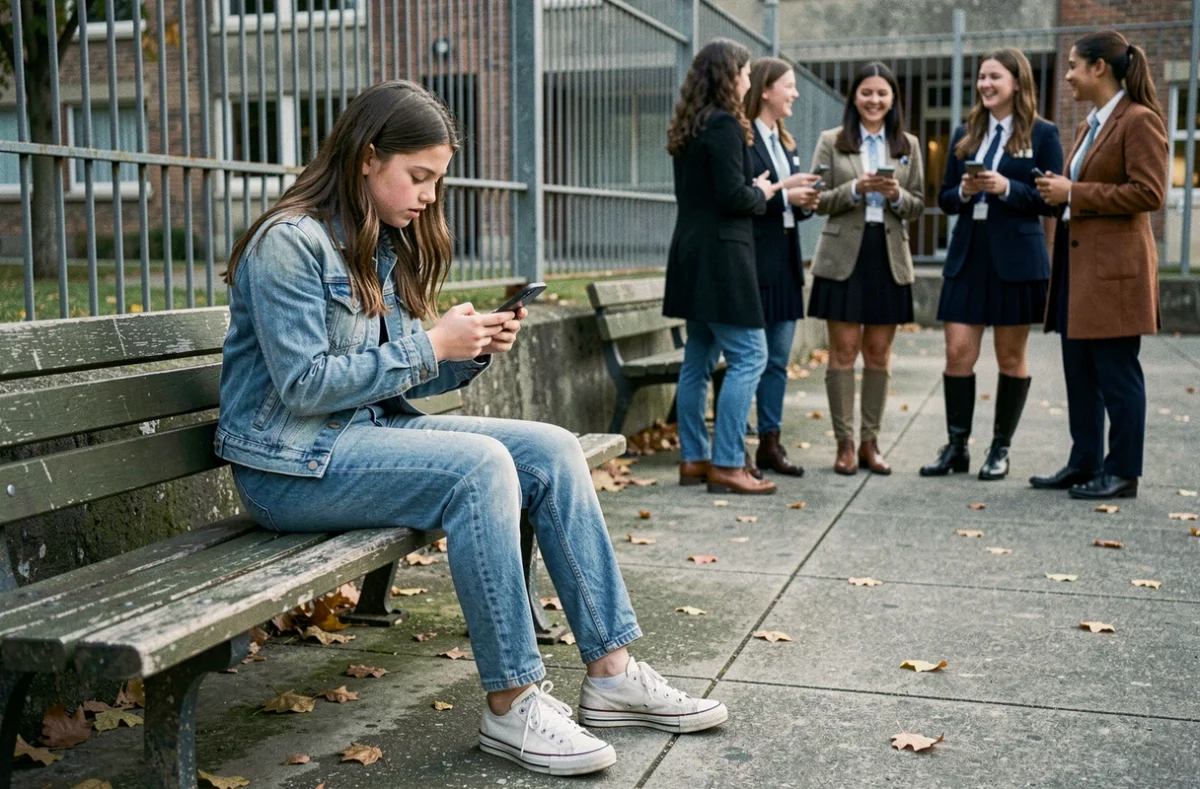 Adolescente seule dans une cour d'école regardant des tendances mode sur son téléphone, illustrant la pression sociale et l'exclusion liées aux vêtements