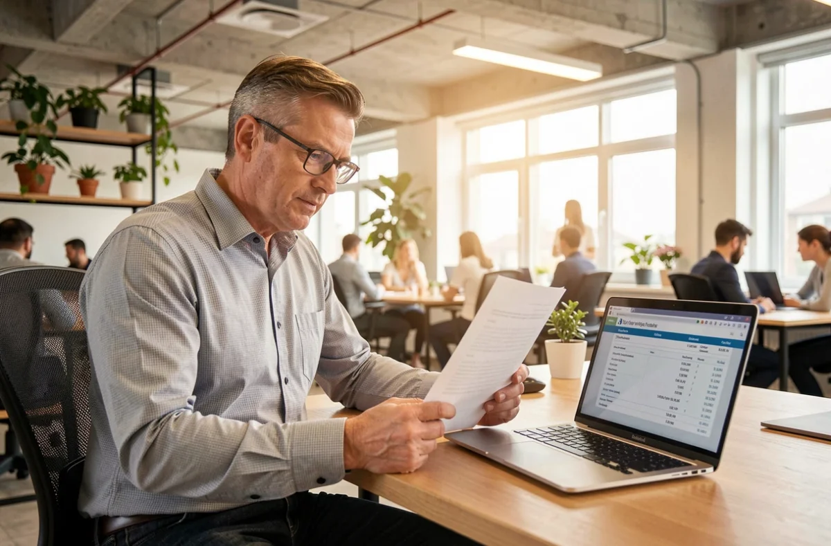 Employé consultant des documents relatifs à la prime mobilité à son bureau, représentant les démarches administratives pour bénéficier de l'aide