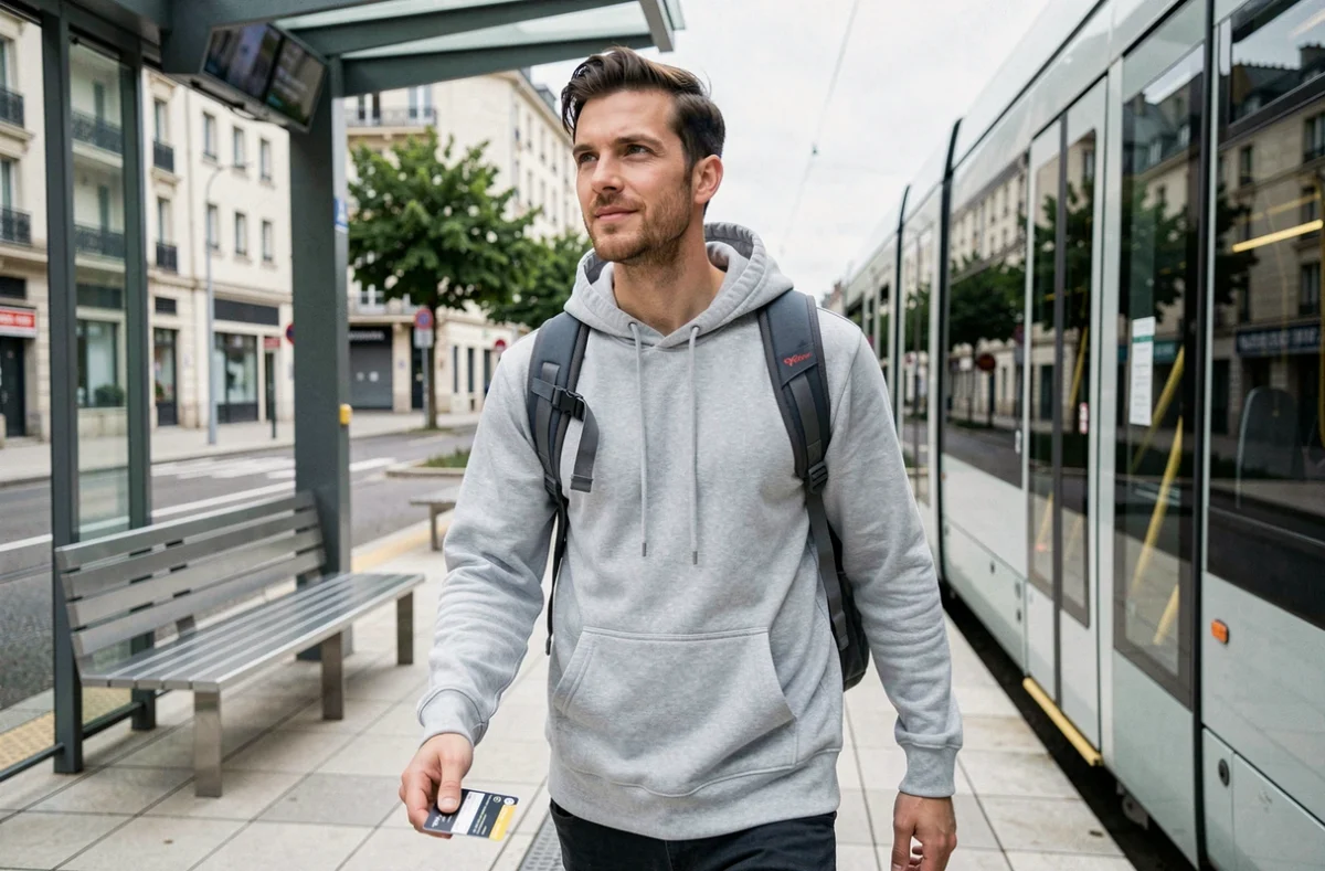 Jeune homme descendant d'un tramway avec sa carte de transport, illustrant l'éligibilité à la prime mobilité pour les transports en commun