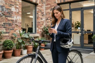 Femme professionnelle tenant un casque de vélo devant un bâtiment de bureaux, illustrant la prime mobilité pour les trajets domicile-travail