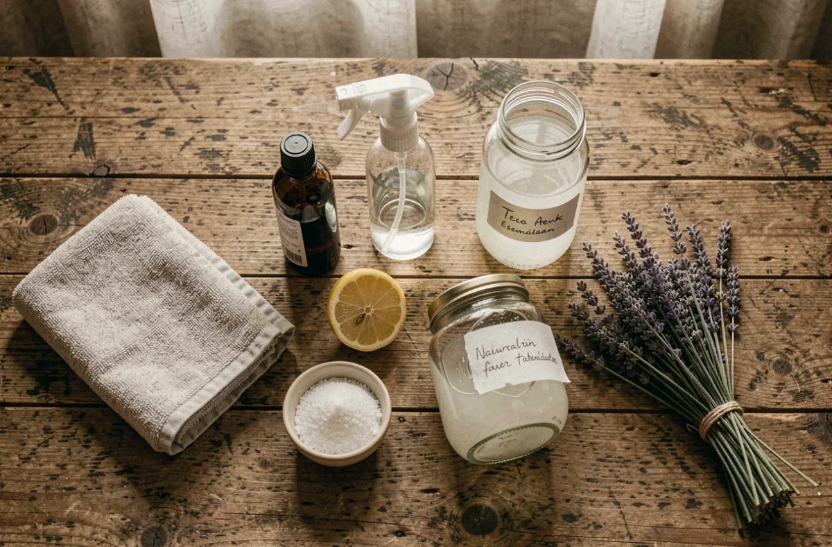 Vue de dessus d'une sélection de produits naturels pour remplacer le Sanytol : huile essentielle d'arbre à thé, vinaigre blanc, citron, bicarbonate et lavande séchée
