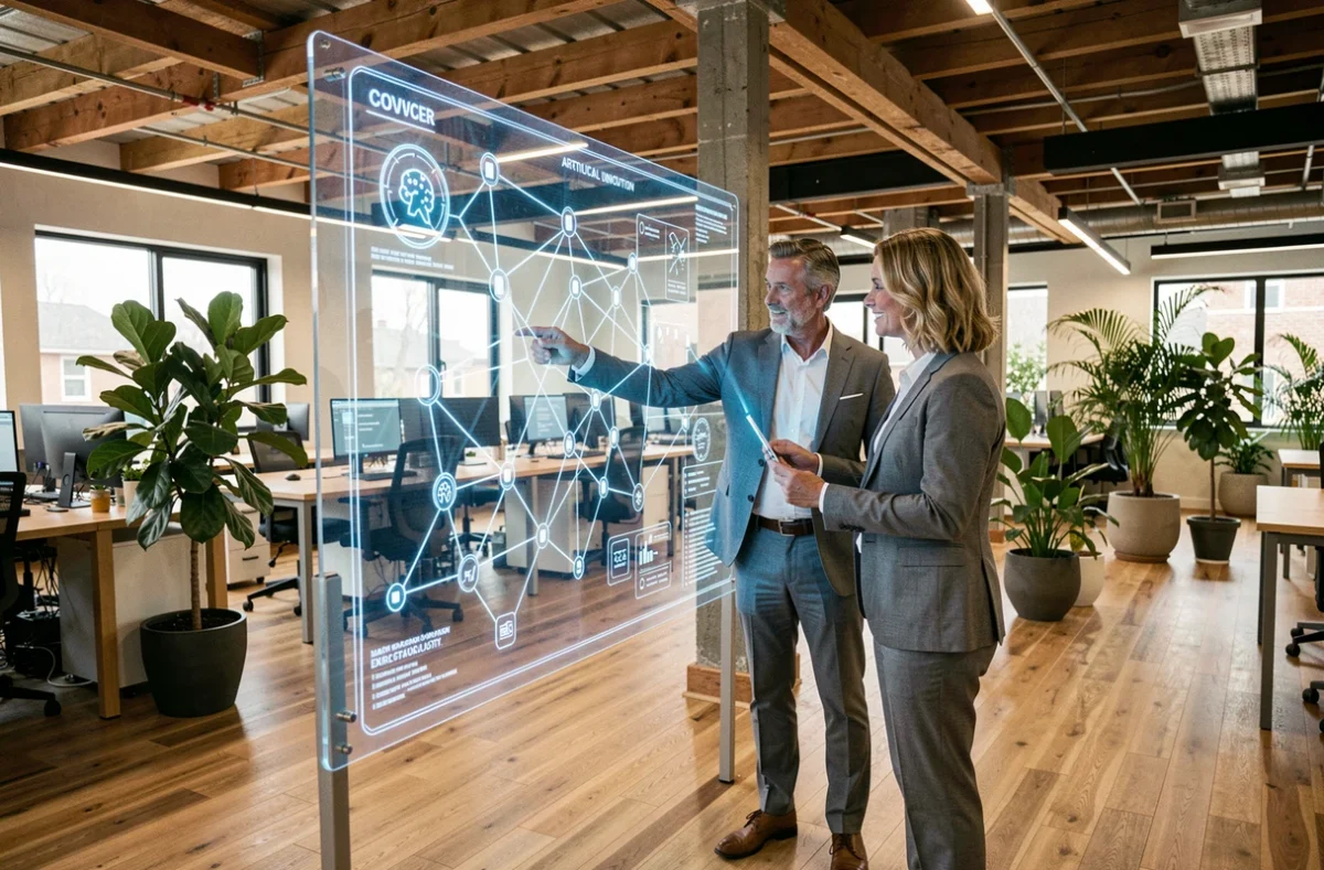 Deux professionnels analysant un réseau d'intelligence artificielle sur un écran interactif dans un espace de travail innovant