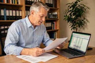 Propriétaire bailleur consultant ses documents fiscaux sur les revenus micro fonciers à son bureau