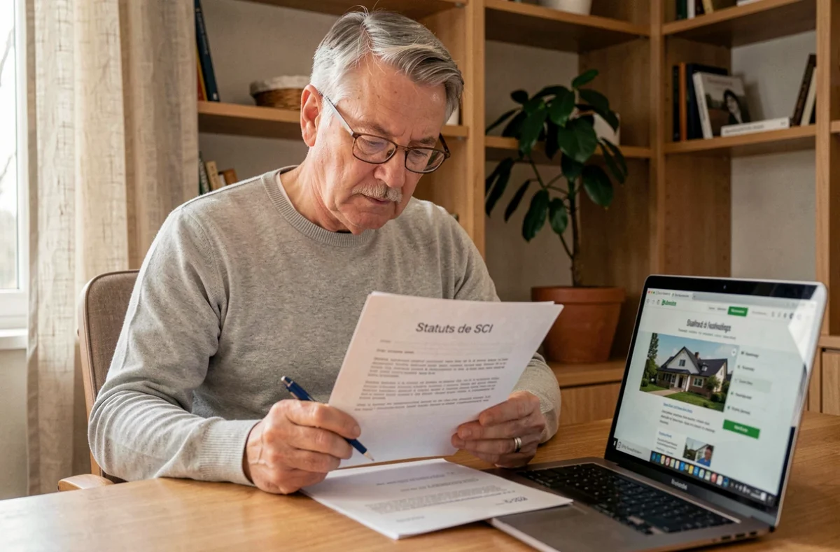 Propriétaire lisant les statuts d'une SCI pour gérer sa maison en société civile immobilière