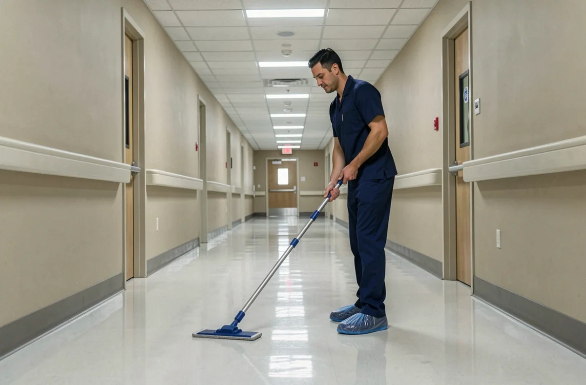 Agent d'entretien professionnel utilisant une serpillière plate dans un couloir hospitalier, respectant les protocoles de nettoyage en milieu sensible