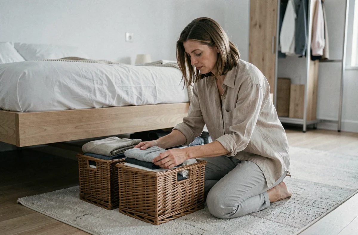Femme rangeant des vêtements dans des paniers de rangement sous un lit plateforme pour gagner de l'espace