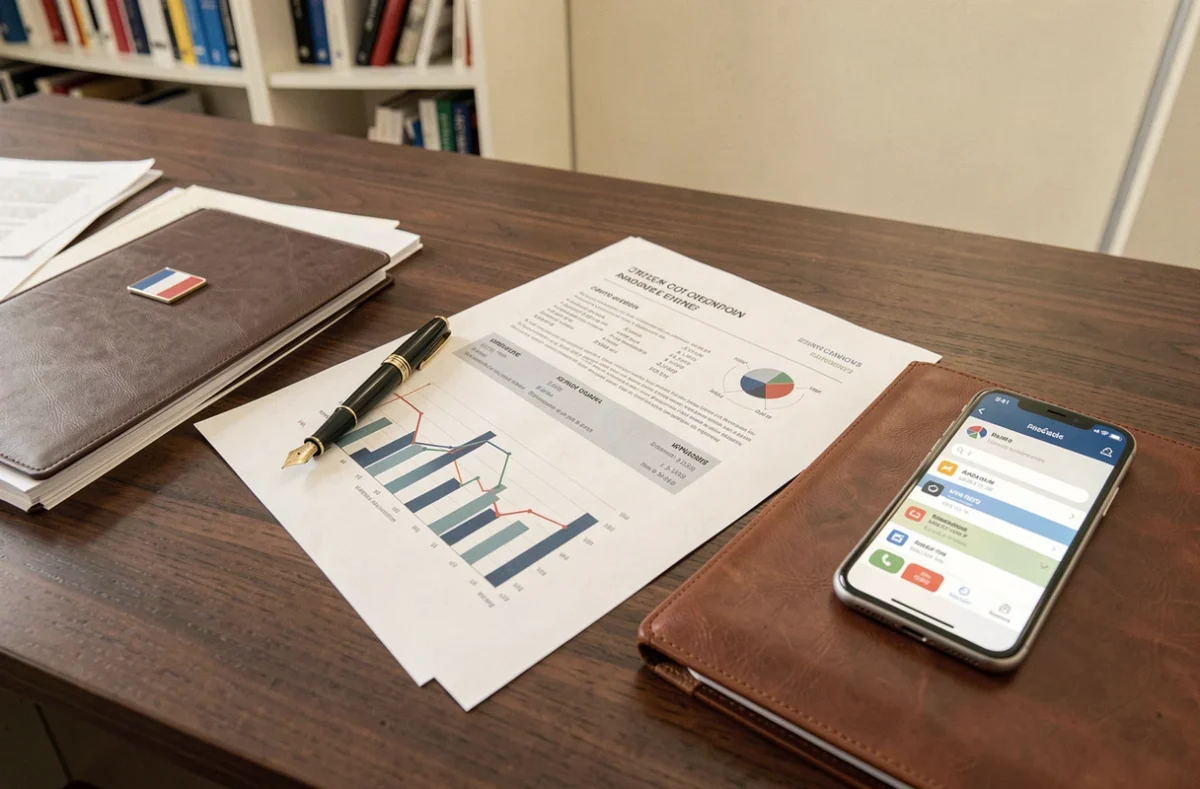 Rapport financier et documents bancaires sur un bureau en bois avec application mobile de banque française