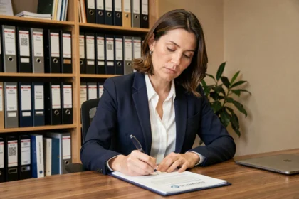 Femme professionnelle rédigeant un rapport de doléance dans un bureau administratif