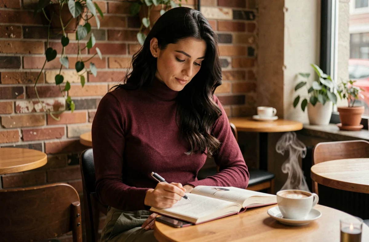 Personne écrivant dans un journal intime dans un café chaleureux, évoquant la réflexion personnelle sur l'identité queer et la définition de l'orientation sexuelle