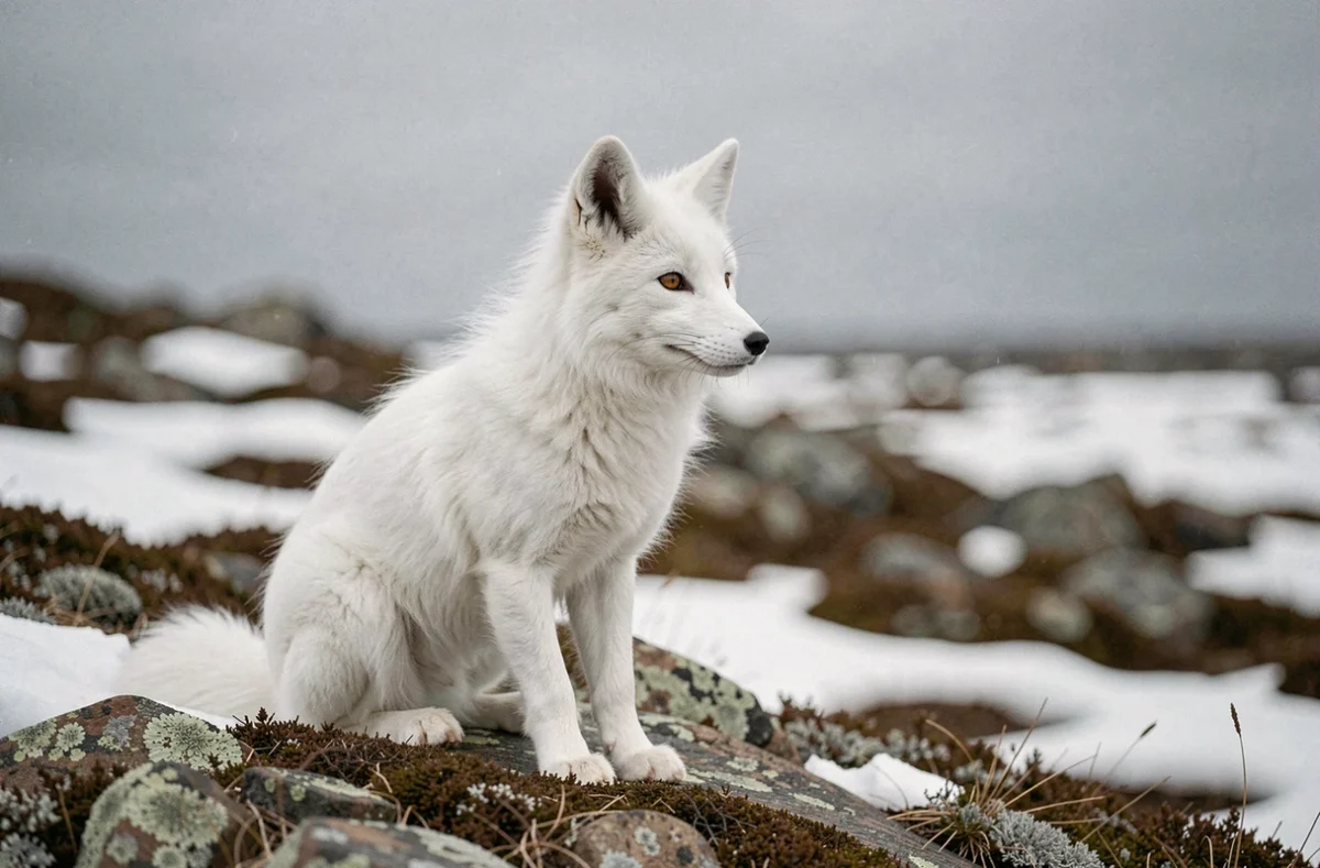 Renard arctique en pelage blanc sur une toundra partiellement déneigée, symbolisant les effets du réchauffement climatique en Arctique