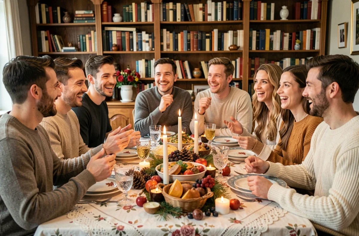 Repas de fête convivial entre amis adultes autour d'une table décorée en intérieur