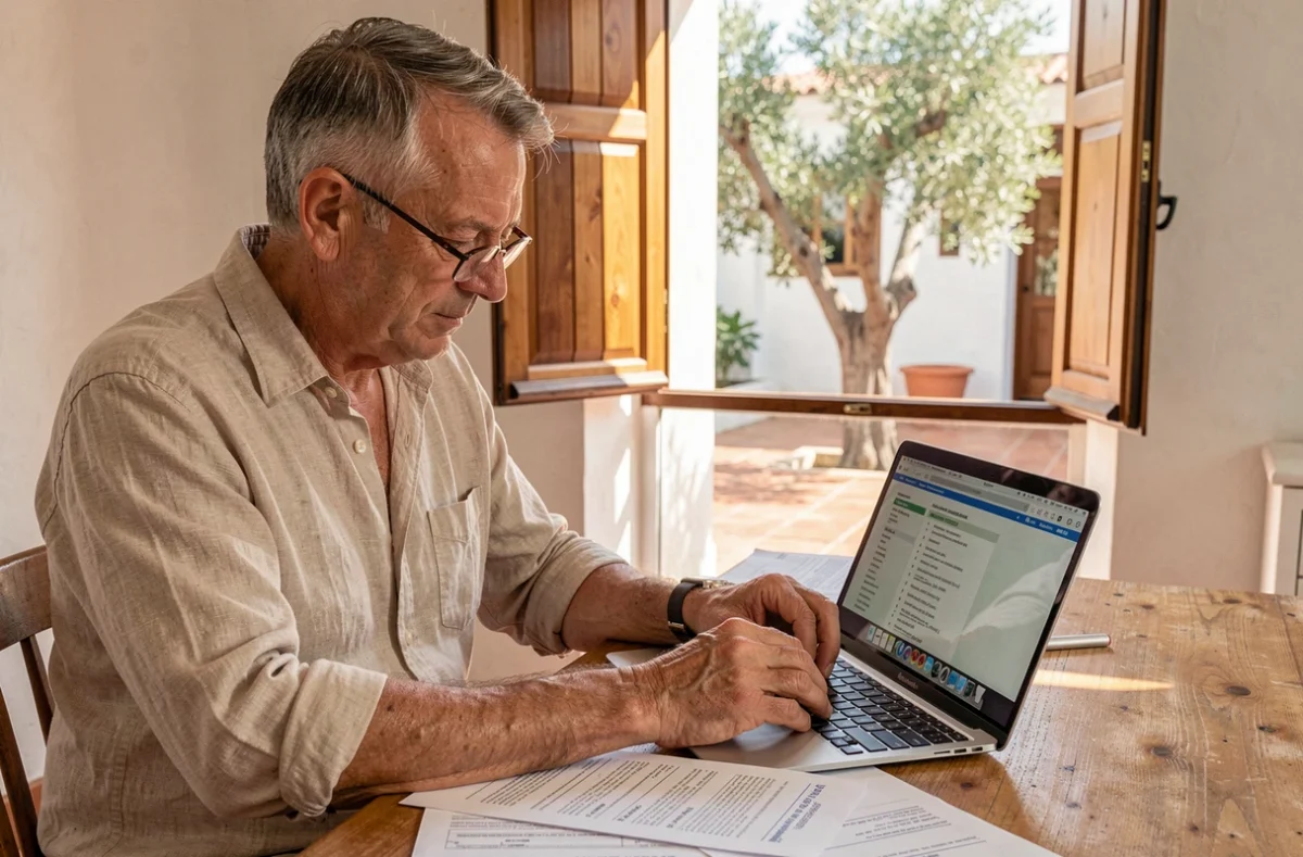Un homme expatrié consulte des documents fiscaux français et un site administratif en ligne depuis sa maison méditerranéenne à l'étranger