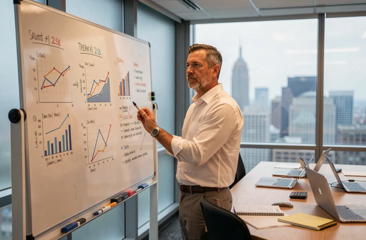 Homme en réunion présentant une comparaison des rémunérations selon les branches professionnelles