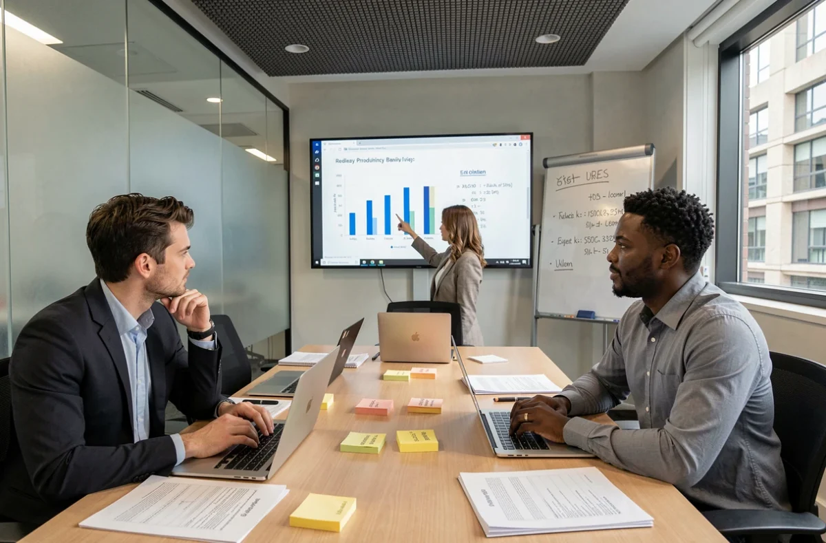 Équipe de professionnels en réunion autour d'une table de conférence évaluant des indicateurs de productivité sur des feuilles imprimées et un écran projeté