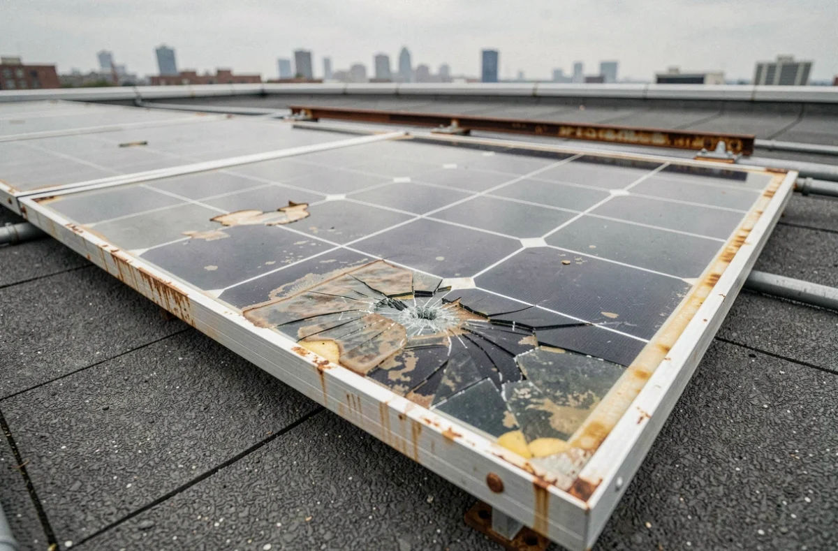 Panneau solaire photovoltaïque endommagé avec microfissures et délaminage sur un toit commercial