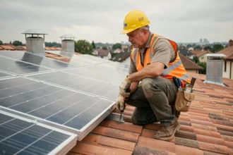 Technicien inspectant des panneaux solaires photovoltaïques sur un toit résidentiel avec équipement de sécurité