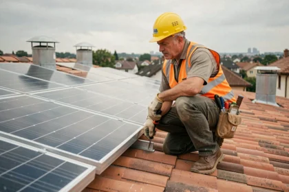 Technicien inspectant des panneaux solaires photovoltaïques sur un toit résidentiel avec équipement de sécurité