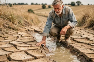 Agriculteur agenouillé près d'un lit de rivière asséché, illustrant la raréfaction de l'eau douce en France