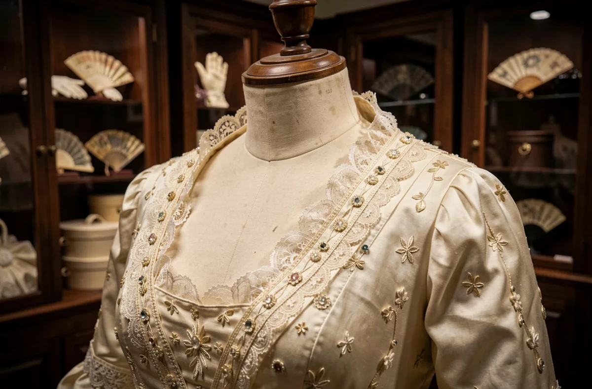 Robe de haute couture du XIXe siècle sur un mannequin ancien exposé dans un musée de la mode