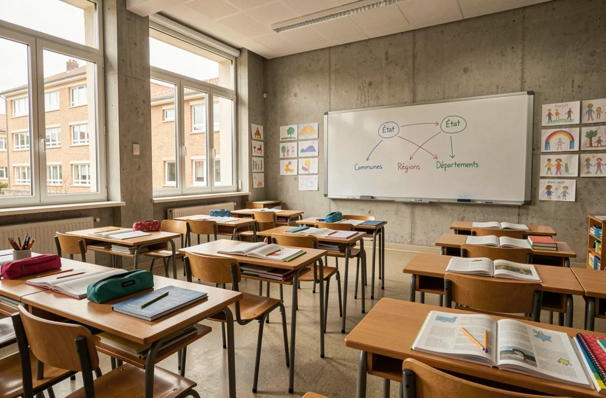 Salle de classe d'école primaire publique française avec schéma des sources de financement de l'éducation